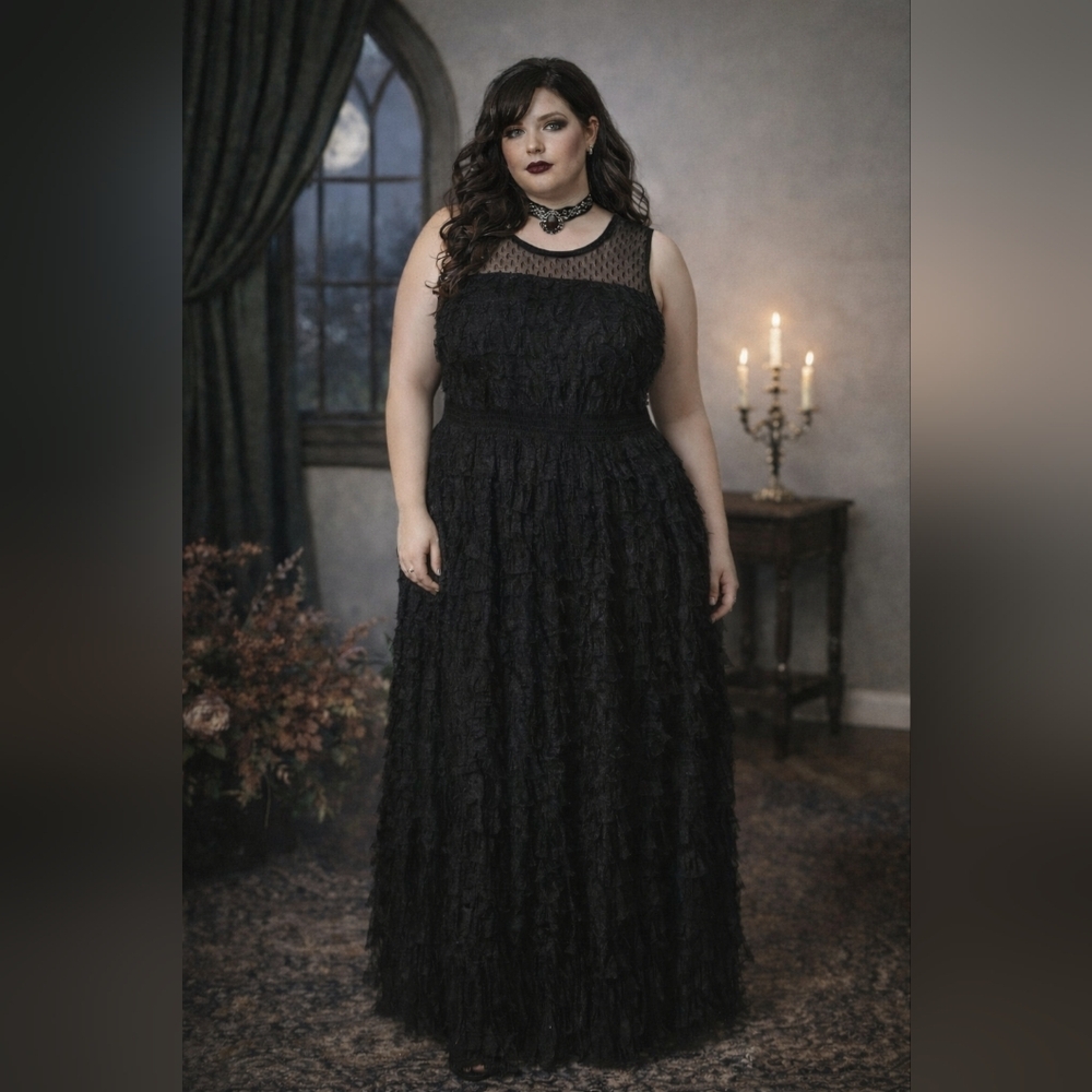 Eien Whimsigoth Tiered Semi Sheer Black Ruffle Maxi Dress, 2X